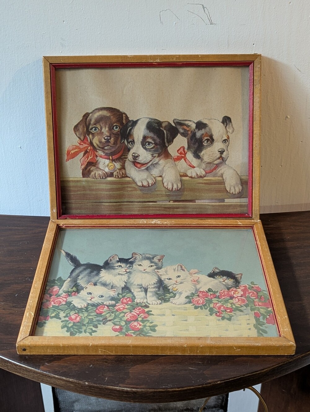 Vintage Framed Puppy & Kitten Print Duo